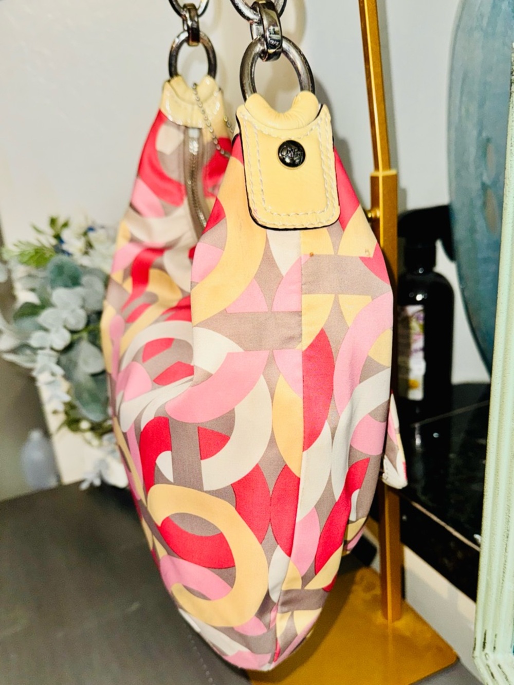 COACH Kristin Op Art Yellow Multicolor Satin Hobo Shoulder Bag 2013 #F22745 EUC - Picture 8 of 16